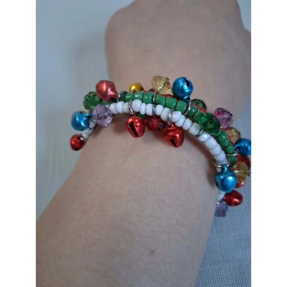 Christmas Jingle Bells and Multicolored Beads Memory Wire Statement Bracelet